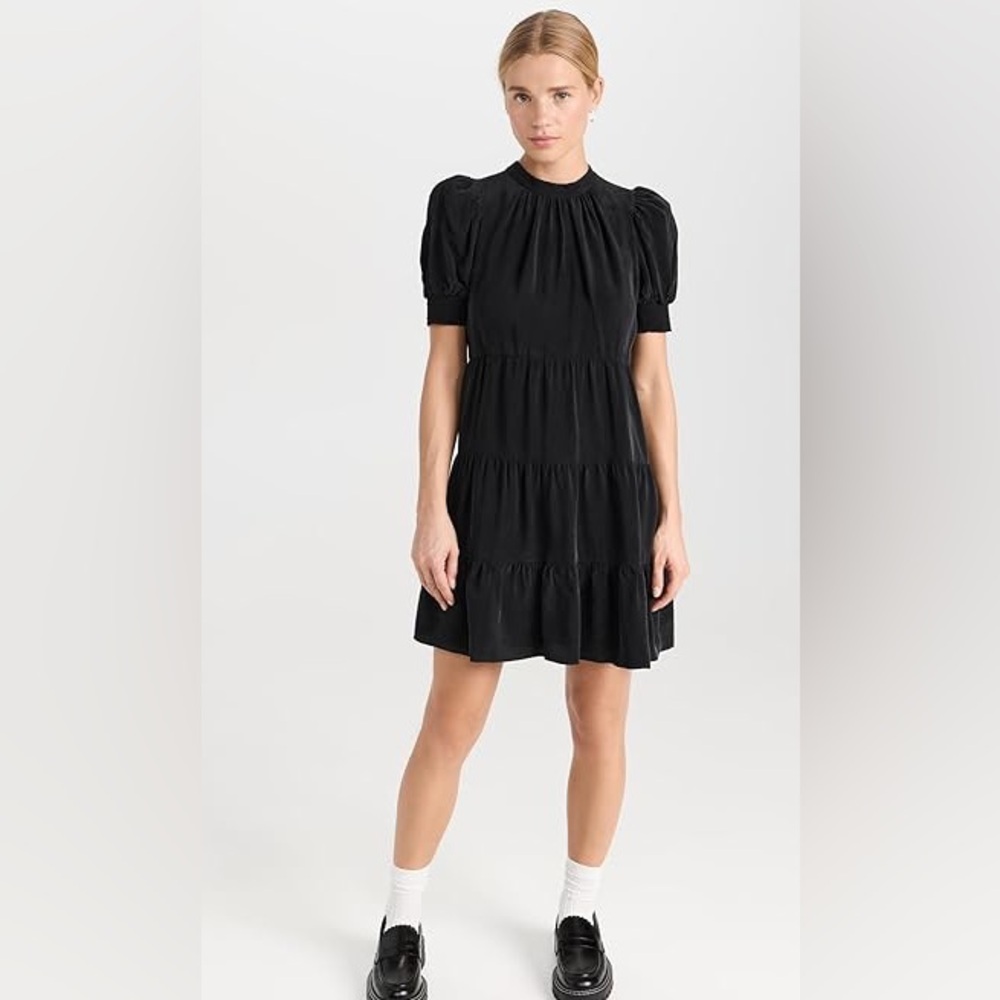 NWT Alice + Olivia Dorine Puff Sleeve Trapeze Dress Black size L